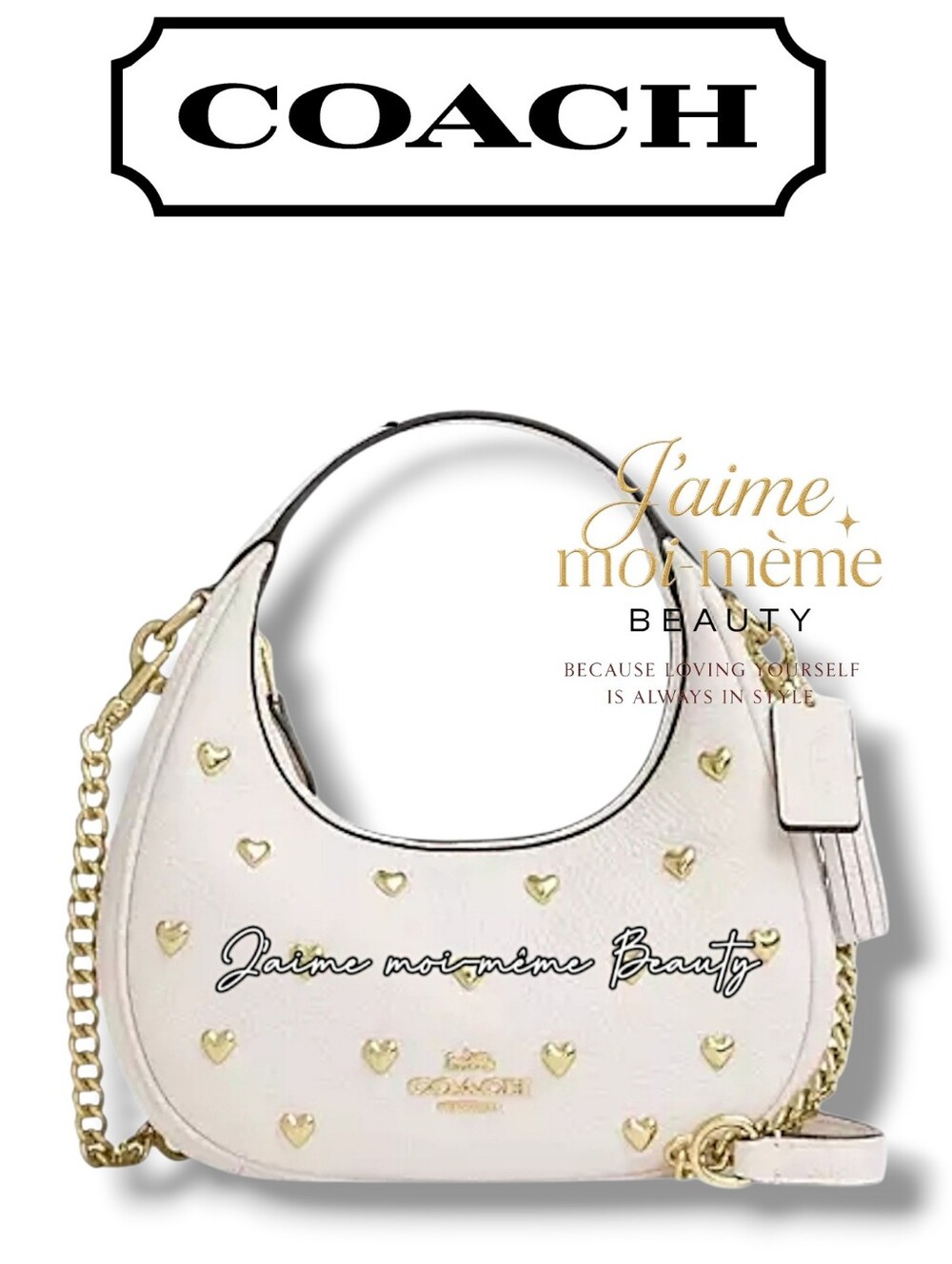 Coach Valentine's 2026 Cream and Gold Heart Studded Carmen Shoulder Bag - NEW